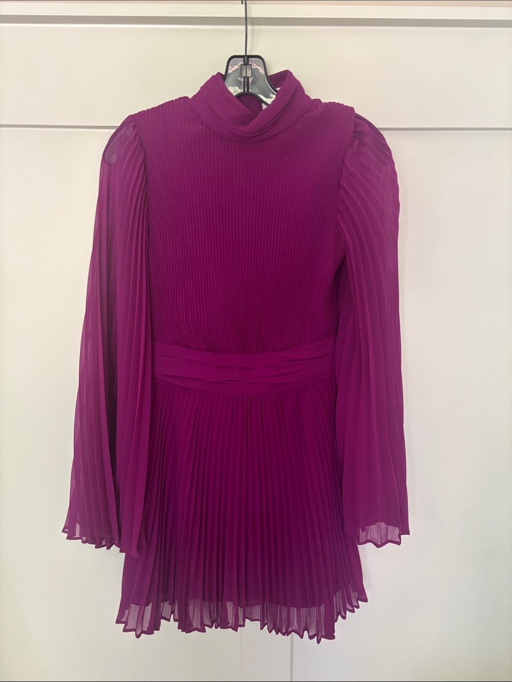 Milly Pleated High-Neck Long-Sleeve Dress - Magenta